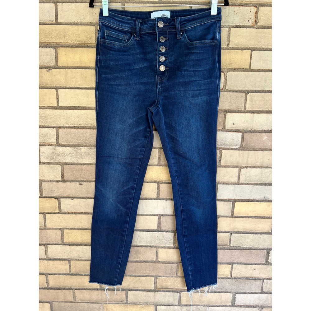 Vervet High Rise Button Fly Skinny Jeans Dark Wash Raw Hem Stretch Size 28 / 6